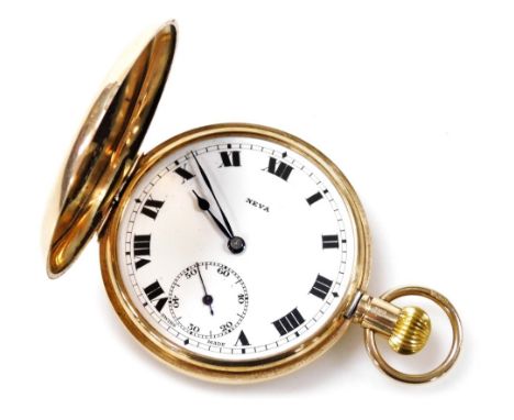 A 9ct Neva gold gentleman's hunter pocket watch, keyless wind, circular enamel dial bearing Roman numerals, subsidiary second