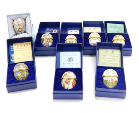 Eight Halcyon Days enamel egg shaped trinket boxes, varying designs, to include 1986 and 1989 Easter Egg, flowers, circus, et