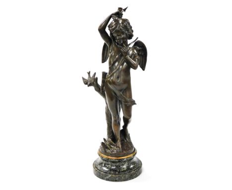 After Loys-Potet. Amour Perplexe, spelter figure on a marble socle base, stamped verso fabrication Francaise, made in France,