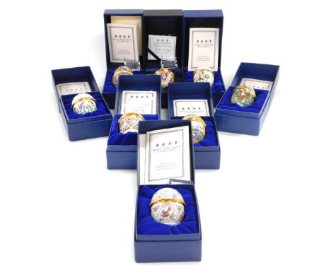 Eight Halcyon Days enamel egg shaped trinket boxes, varying designs to include 1995 Easter egg, 1992 Easter egg, etc, each 6c