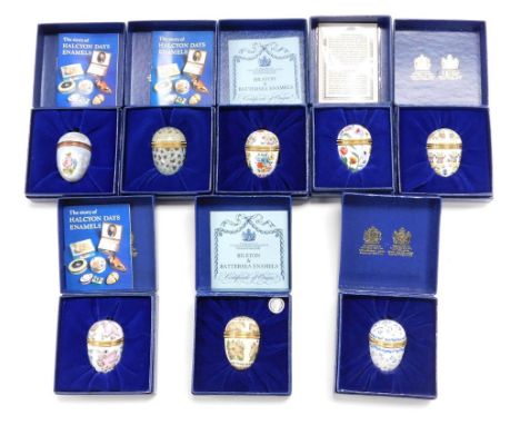 Eight Halcyon Days enamel egg shaped trinket boxes, varying designs, to include rabbits, teddy bears, flowers, etc,  each 4.5