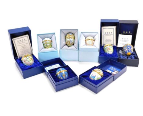Eight Halcyon Days enamel egg shaped trinket boxes, to include 1999 Easter Egg, 2010 Easter Egg, Humpty Dumpty Egg, etc, each