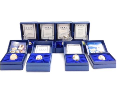 Eight Halcyon Days enamel egg shaped trinket boxes, of varying designs, to include chicks, tropical fish, etc., each 3.5cm hi
