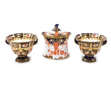 A pair of late 19thC Royal Crown Derby porcelain twin handled sweet meat dishes, Imari decorated, printed and painted marks, 