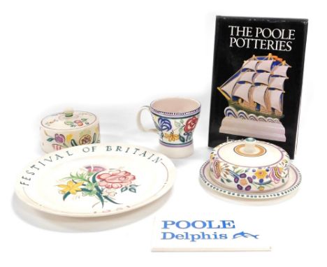 A group of Poole pottery, comprising a commemorative Festival of Britain 1951 plate, 25cm diameter, a matching butter dish an