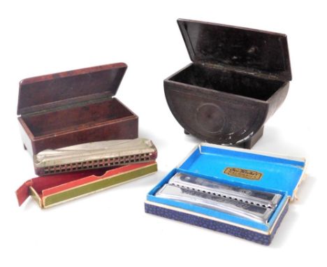 An early 20thC Teofani Cigarettes Bakelite casket, further red Bakelite box, Joss Ficher Jazz Melody harmonica, and a German 