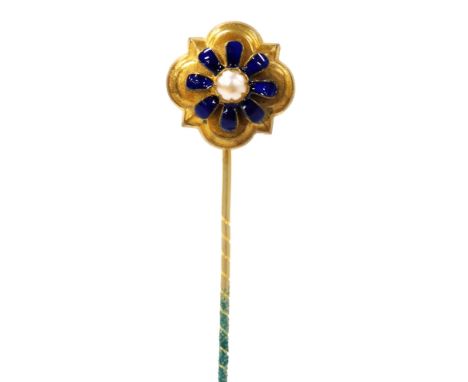 A Victorian tie pin, of floral form, with a central cultured pearl in a blue enamel surround, in yellow metal, 2.7g.