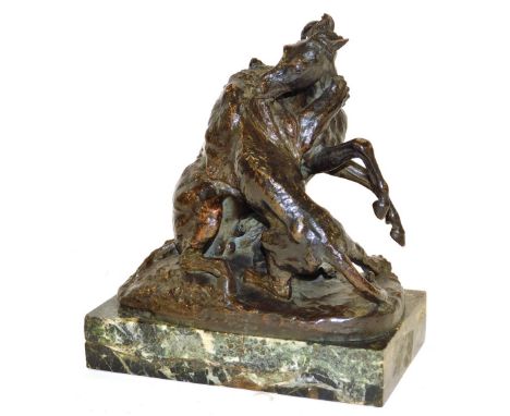 After Christophe Fratin (French 1801-1864). A bronze figure group modelled as a horse attacked by a tiger, late 19thC, raised