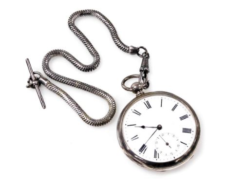 A late 19thC gentleman's silver cased pocket watch, open faced, key wind, circular enamel dial bearing Roman numerals, subsid