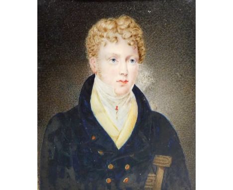 An early 19thC portrait miniature of a gentleman, half length, seated in a chair, in a red Morocco leather case, miniature 8.