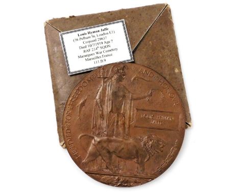 A WWI bronze widows penny, named to Louis Hyman Jaffe, Cpl 29637, RAF 214 Squadron, died 10th July 1919, buried at the Mazarg
