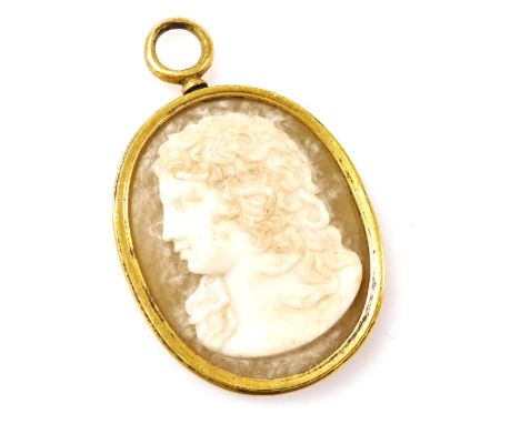 A late 19thC shell cameo, bust portrait of the gorgon Medusa, in an oval brass mount, 5.5cm high.