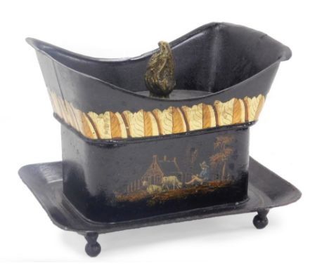 A 19thC Toleware tea caddy, the lid with a flame finial, painted with a band of leaves, above pastoral scenes of figures with