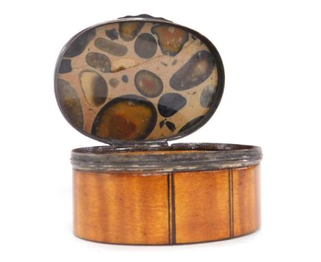 A Victorian satinwood and agate snuff box, of oval form, with white metal mounts, contains piece of paper internally written 