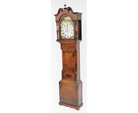 A George III oak and mahogany longcase clock, by Tait of Nottingham, the break arch dial painted with an angel appearing befo