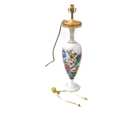 An 18thC French milk glass vase, of baluster form, painted with flowers, brass mounted and converted to a table lamp, 65.5cm 