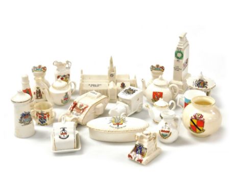 Goss and crested china, including a pair of capstans, Arms of Heckington, the Cenotaph, Arms of The City of London, St Nichol
