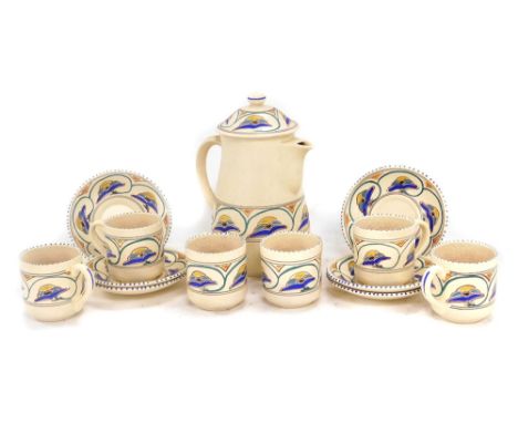 A Honiton pottery part coffee service, comprising coffee pot, six coffee cups and saucers.