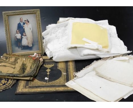 Linen and lace tablecloths, gilt tooled leather blotter, Indian gold wire work double wall pocket, and a framed portrait of t