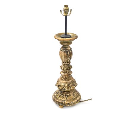 A late 19thC Continental painted wooden pricket candlestick, converted to a table lamp, 66cm high.&nbsp;Buyer Note: WARNING! 