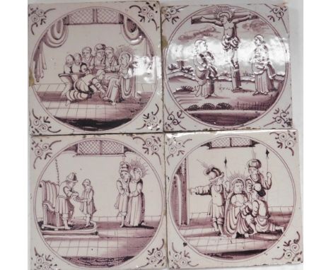 Four Dutch Delftware manganese tiles, decorated with religious scenes, 12.5cm x 12.5cm.