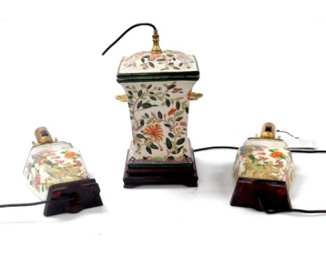 A Chinese pottery table lamp, of waisted form, decorated with flowers, raised on a stepped base, 37cm high, and a pair of Chi