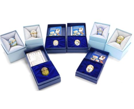 Eight Halcyon Days enamel egg shaped trinket boxes, differing designs to include Easter 2006 and 2007, Little Acorn, rabbits,