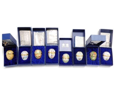 Eight Halcyon Days enamel Easter egg trinket boxes, for 2005, 1991, 1993, 1994, 1996, 1990, 2003, and an undated example, eac