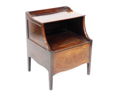 A Georgian mahogany stepped commode, with a galleried shelf top, over a box with hinged lid, opening to reveal a later fitted