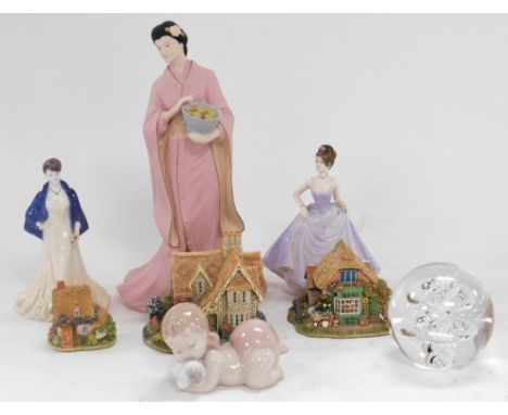 A group of ceramics and glass, comprising a Wedgwood Pearls of the Orient Blossom figure, Coalport porcelain figures models a