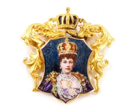 An Edwardian enamel court jewel pendant, of shield form, decorated with a bust portrait of Queen Alexandra, within a yellow m