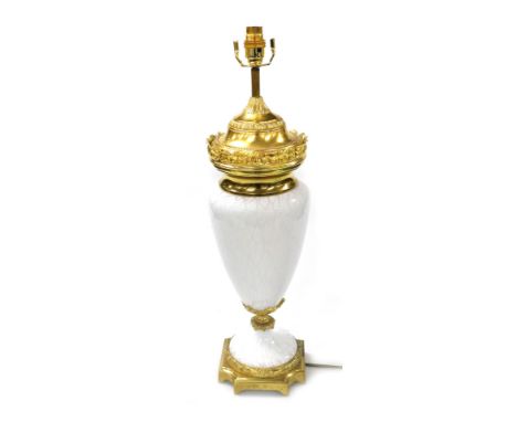 A French Empire style milk glass and brass mounted table lamp, 61cm high.&nbsp;Buyer Note: WARNING! This lot contains unteste