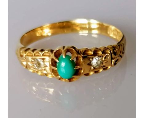 An Edwardian 18ct gold ring with turquoise and diamond decoration, size S, hallmarked, 3.2g