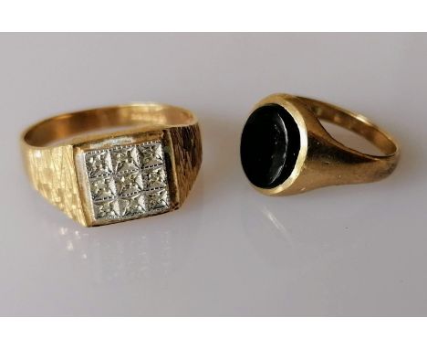 A mid-century gold platform ring with diamond decoration and a gold and onyx ring, both hallmarked 9ct, sizes R, K, 5.27g