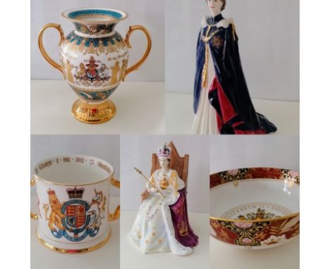 A Royal Doulton figure of Queen Elizabeth II at her Coronation, HN4476, height 19cm, 451/2000; a Royal Worcester Golden Jubil