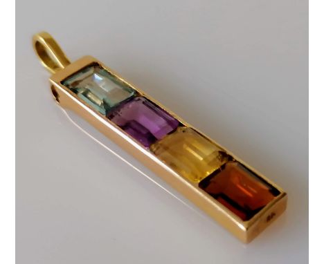 A four-stone baguette-cut multi-coloured channel-set stick pendant with loop in a yellow gold setting, 48mm, stamped 18k, 6.1