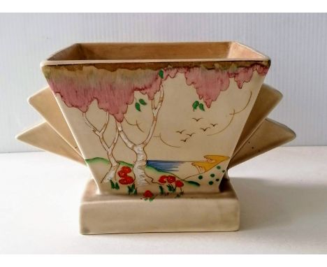 An Art Deco Clarice Cliff for Wilkinson Taormina pattern vase with stylized handles, hand-painted in pink and green of square