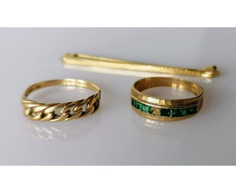 Two 9ct gold rings, (stone missing from one), sizes Q, N, both hallmarked and a tie pin, stamped 9ct, 5.35g (3)