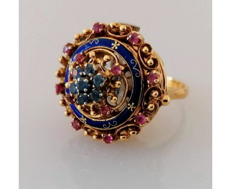 A mid-century ruby, topaz and enamel cocktail watch ring with Swiss manual movement by Rox on an 18ct yellow gold setting, bo