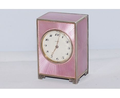 Art deco silver and pink guilloche miniature carriage clock for Asprey of London, stamped to movement JTC for Geneva Watch Co