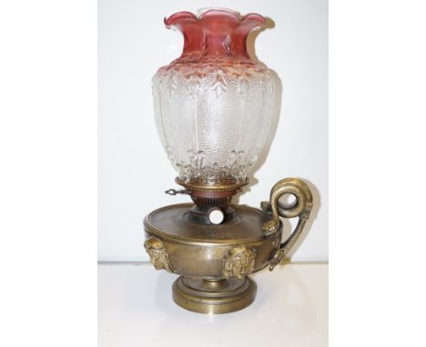 19th Century bronze oil lamp in the form of a Greek oil lamp, stylised twin snake handle, four Greek mask to body. (Spout rem