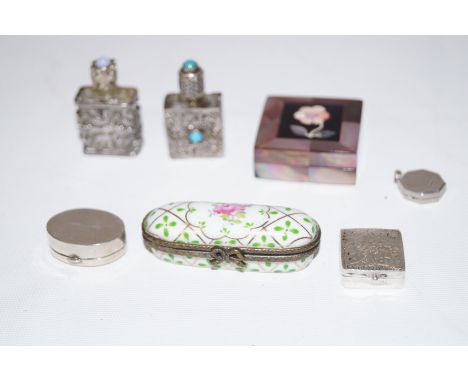 Collection of 7 Dressing Table items .Including 2 Chinese silver fret work scent bottles, 1 with opal? to lid one with Jade? 