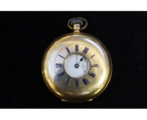 18 carat gold cased half hunter pocket watch, with subsidiary dial, weight 100 grams (replacement winder)