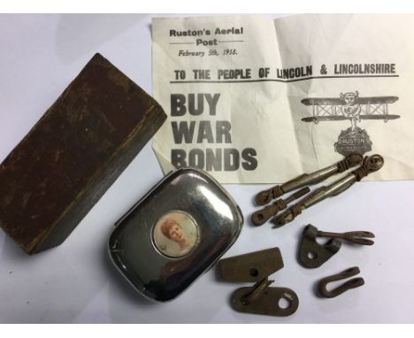 WW1 British aircraft relics, a small box section woodwork 12cm long, some rigging line pins and clips, a Patriotic soap tin w