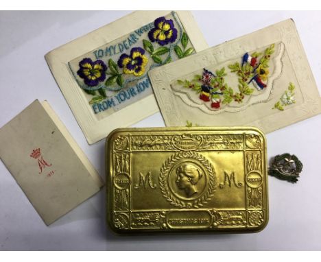 WW1 British Princess Mary's tin with much original gilt finish remaining complete with 1915 Princess Mary's Greeting card and