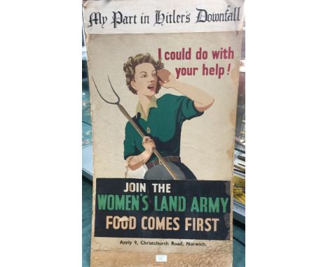 WW2 British Women's Land Army poster. Mounted on hardboard. Entitled "I could do with your help! Join the Women's Land Army. 