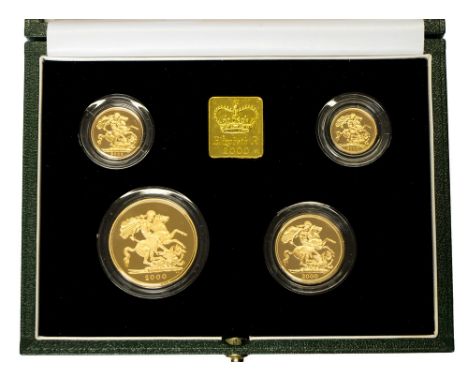 The 2000 Gold Proof four coin Sovereign collection set, five Pounds, two Pounds, Sovereign and half Sovereign First Day Cover