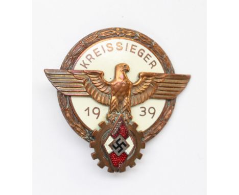 WW2 Third Reich Hitler Youth Kreissieger badge 1939. Maker marked to reverse “Ferd. Wagner Pforzheim”. Some enamel chipping a