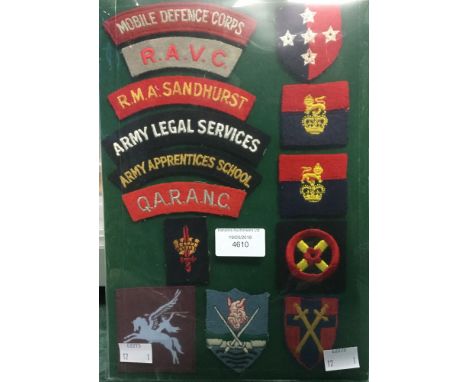 British Army cloth shoulder titles and Formation signs. Mainly post war. 14 items mounted on a card display