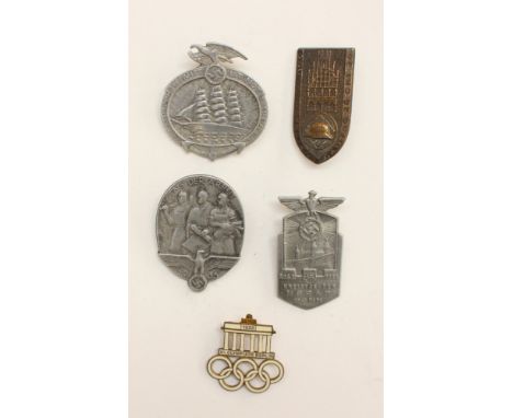 WW2 Third Reich Berlin 1936 Olympics enamel badge, maker Paulmann & Crone: Tag der Arbeit 1935 by Wurtt.Metallw.Fabrik: Seefa